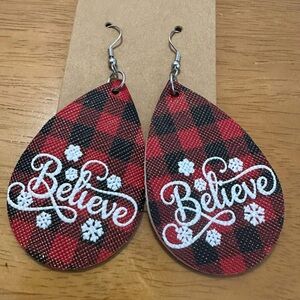 Red and Black Plaid 'Believe' Teardrop Earrings